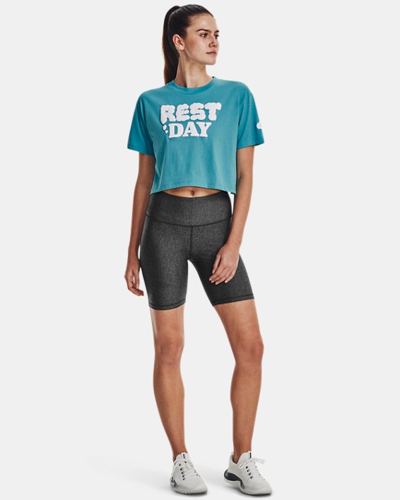 Women's UA Rest Day Verbiage Crop Short Sleeve in Blue image number 2